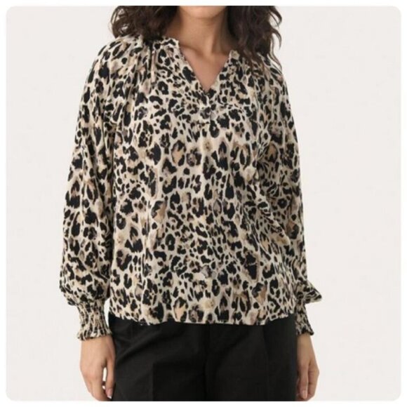 Vince Camuto Womens Loose Raglan Animal Print Blouse XS Natural Taupe - Picture 2 of 11